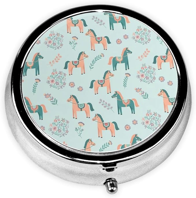 Travel Pill Dispenser, Round Small Organizer, Metal Case for Medicine, Pocket Purse Container for Camping Trips, Flowers Floral Horse Couple Art