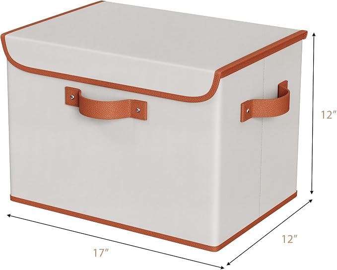 Univivi Fabric Storage Bins with Lid, Stackable Storage Box, Beige, 3 PCS | Heavy Duty, Large Capacity, Leather Handle, Oxford Fabric, Sturdy PP Board, Storage Bins for Bedroom, Closet, Nursery, Office
