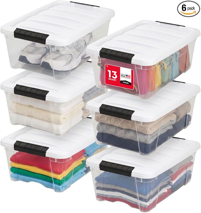 IRIS USA 13 Qt Storage Bins with Lids, 6 Pack, Clear/White | Compact storage for shoes, crafts, office supplies, personal items, closet organization, and small-space storage.