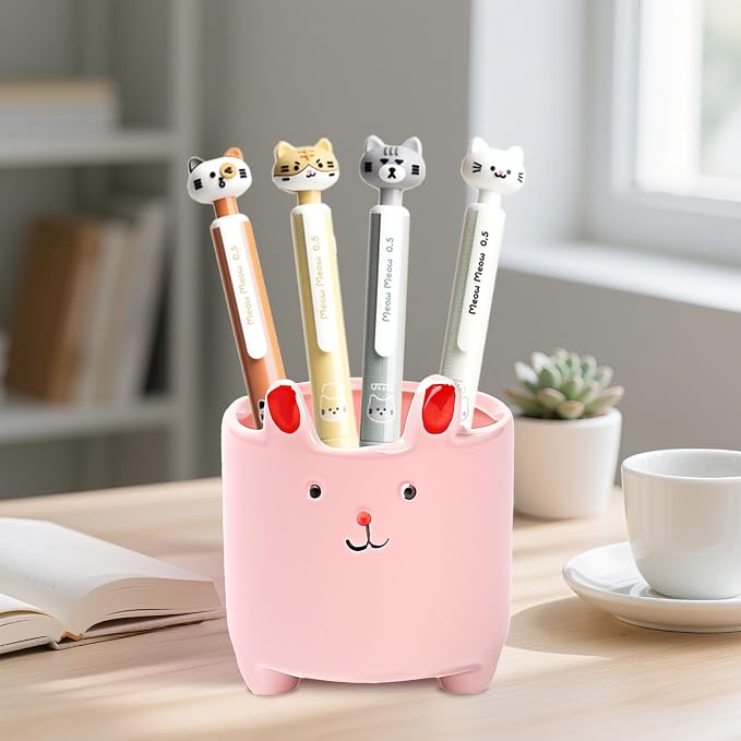 Ceramic Pink Cute Cat Shaped Pen Pencil Holder for Desk Decoration Accessories Cat Decor Makeup Brush Pen Cups Succulent Plant Pot Office School Ideal Gifts for Women, Mom or Birthdays