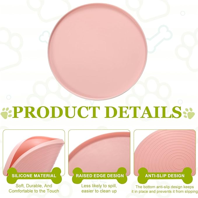 Cat Food Mat, 7x7 Inch Silicone Pet Feeding Mat Non-Slip Round Waterproof Dog Water Bowl Tray Raised Edge Protects Floors (4Pcs, Pink), Intended for Pets Bowl/Fountain