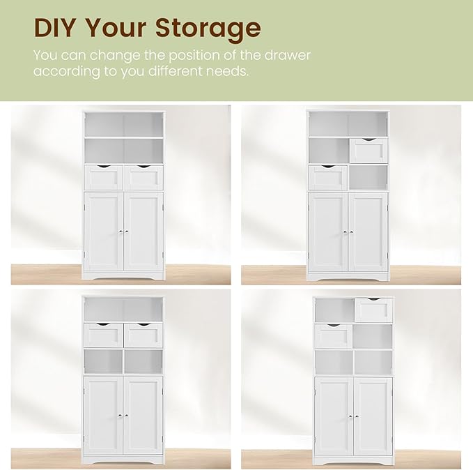 Iwell Tall Bathroom Cabinet, Storage Cabinet with Adjustable Shelves, Bathroom Storage Cabinet for Living Room, Dining Room, Entryway, White