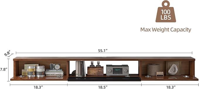 FurniNova 55" Floating TV Stand for 43 50 55 60 inch TV,Modern Plywood Wall Mounted Entertainment Center with Push-to-Open Doors, High Gloss Media Console,Small Space Floating Shelf,Walnut