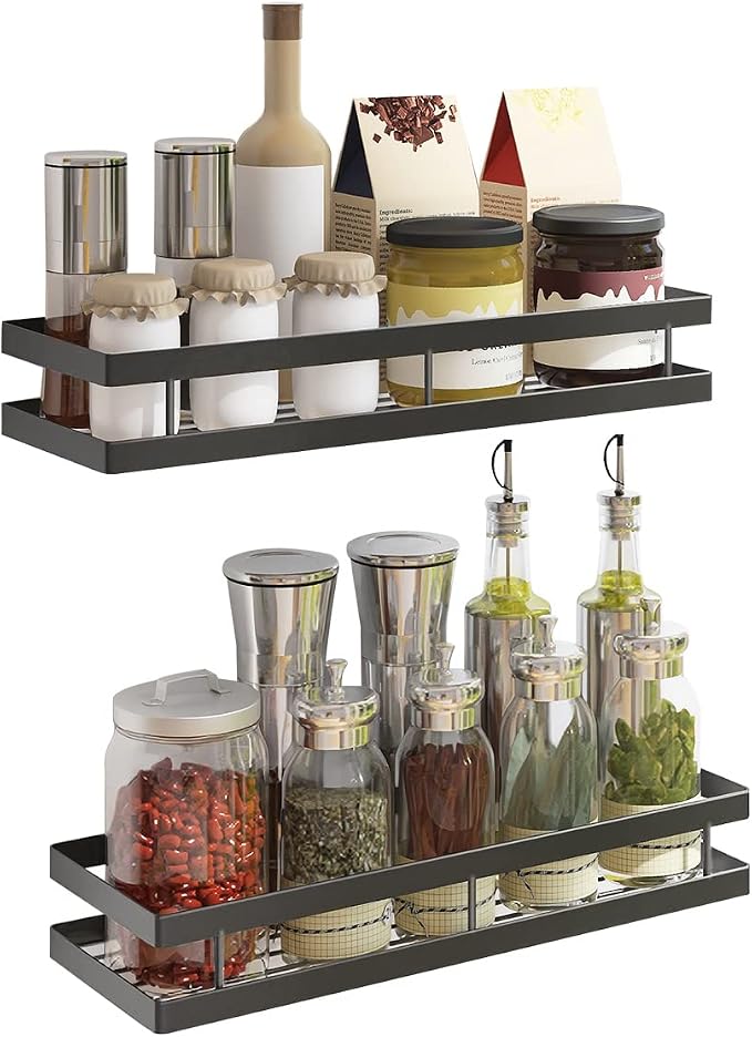 Spice Rack Organizer Wall Mount, 14" Hanging Black Spice Organizer Shelf, 2 Pack Farmhouse Seasoning Organizer, Spice Shelves Holder for Kitchen, Flexible Bathroom Organizer