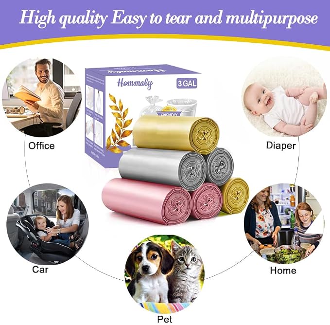 3 Gallon 180pcs Small Multi Trash Bags Strong Pink Grey Gold Garbage Bags,Plastic Bathroom Trash Can Bin Liners Unscented,Waste Basket Liner Fit 10-13 Liter,2.5-2.6 Gallon,3.2Gallon(3-PGG180)