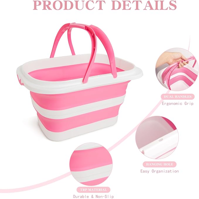 Large Collapsible Bucket for Cleaning, 4.2 Gallon (16L) Silicone Bucket with Handle & Hanging Hole, Foldable Space-Saving Mop Bucket for Home, Storage. Car Wash, Camping, Beach (Pink White)