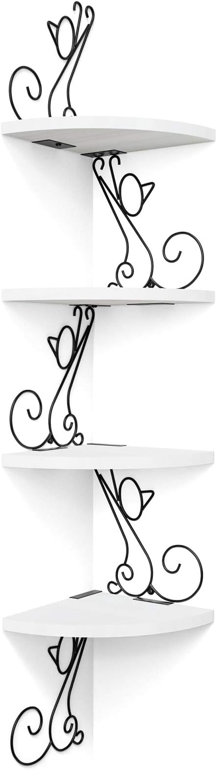 Alsonerbay 4-Tier Cat Shaped Corner Floating Shelf Wall Mount, White | Curved solid wood, 35.2 lbs total capacity, reinforced metal bracket, rustic decor, for bedroom, living room & kitchen