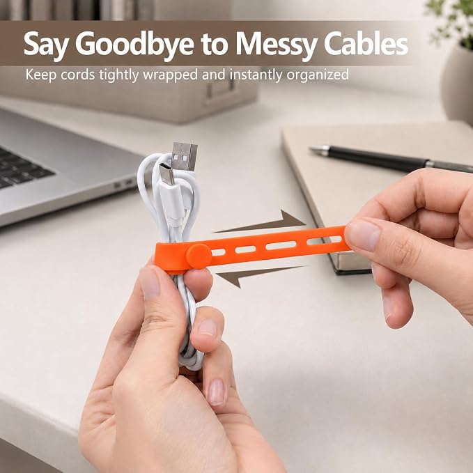 20-Pack Reusable Silicone Wire Ties Cord Organizer (Bright Colors) | Flexible Food-Grade Silicone Cable Organizers for Charging Cords, Reusable Elastic Straps for Desk, Home&Travel Organization