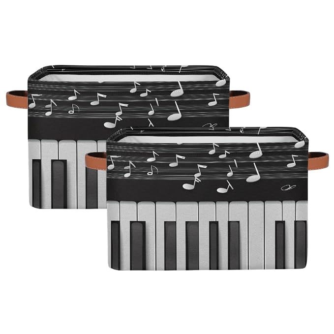 SEULIFE Abstract Piano Music Note Foldable Storage Basket, Large Collapsible Organizer Storage Bin Cube Toys Storage Boxes with Handles for Bathroom Kids Nursery Closet Storage, 2 Pack