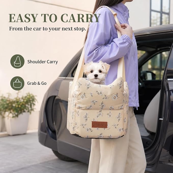 Center Console Small Dog Car Seat Yellow | Portable Puppy Booster Armrest Carseat Comfort Car Travel with Washable Fluffy Cushion and Pillow