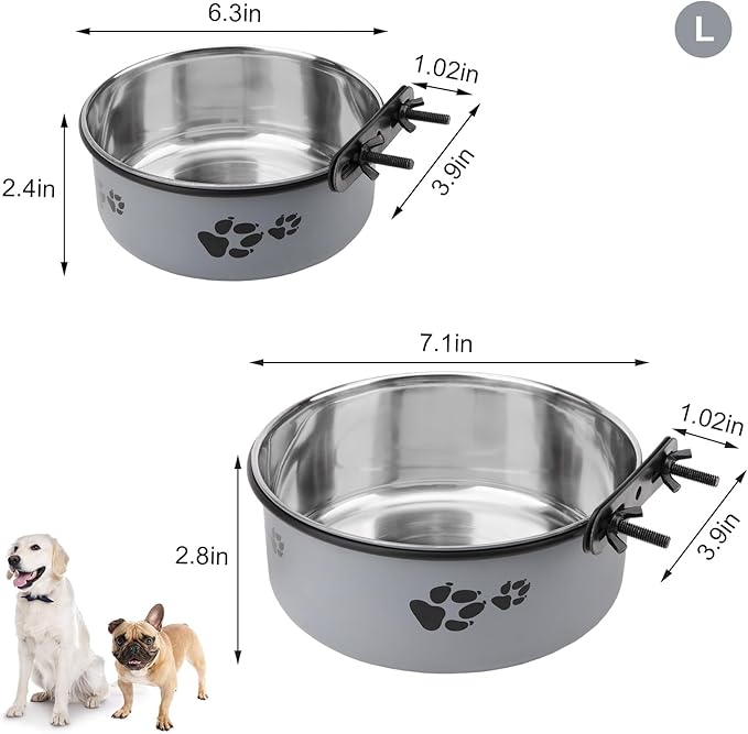 Stainless Steel Dog Crate Bowls Hanging No Spill 2 PCS - Adjustable Mountable Kennel Bowls for Medium/Large Dogs, Anti Spill Water & Food Bowl Set (Gray, L(6.3"+7.1"))