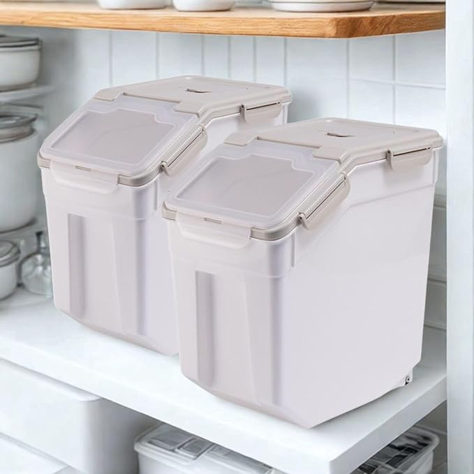 2 Pack Rice Storage Container 25 lbs, Airtight Flour Storage Containers with Lid and Wheels, Measuring Cup & Scoop, BPA Free, Bulk Food Dispenser for Sugar, Grain, Cereal, Dog Food (Grey)