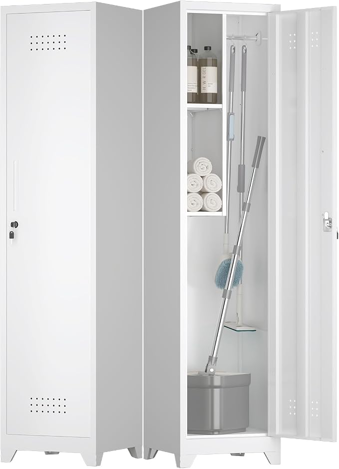 Slim Broom Closet Storage Cabinet, 65" H Metal Cabinets with Lock and Shelves & S-Hooks, Utility Closet, Narrow Storage Cabinets for Home Office, Pantry, Bathroom, Garage, White
