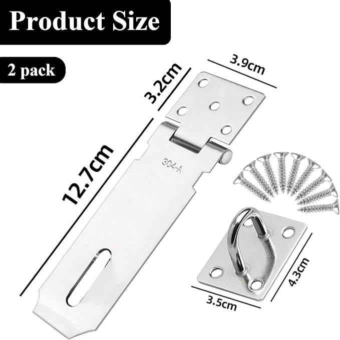 5 Inch Stainless Steel Padlock Hasp, 2 Pack Security Lock Latch, Heavy Duty Gate Staple for Cabinet, Pet Cage, Crate, External Doors, Shed Door, Fence, Window, Silver