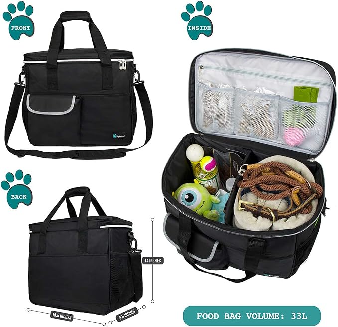PetAmi Dog Travel Bag Organizer, Pet Supplies Tote Diaper Bag, Black Large | Pet Travel Kit with 2 Food Containers & 2 Collapsible Dog Bowls, Luggage Sleeve, Weekend Getaway Road Trip Camping Essentials