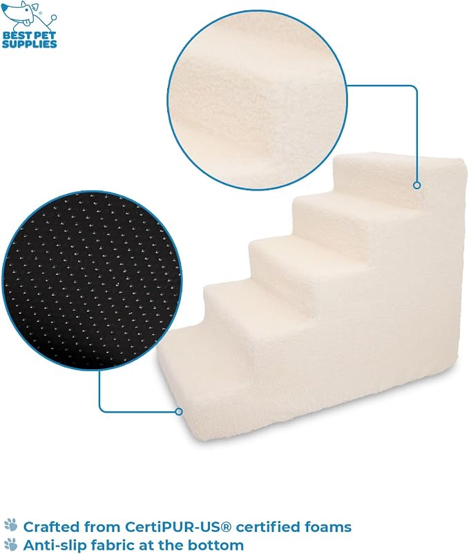 Best Pet Supplies Dog Stairs & Steps - Foam Steps for Small Dogs & Cats, Non-Slip Indoor Balanced Pet Step Support, Dog Ramp, No Assembly, Lambswool, 5-Step (22.5-inch Height)