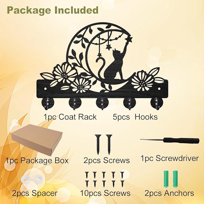 MAYJOYDIY Cat Moon Flower Coat Rack Wall Mount Black Animal Wood Key Hanger | 11.8×7.9In Wood Mounted Hanger, Full Screw Anchor Spacer Screwdriver Kit, Sturdy 5 Alloy Hooks, Decorate Hallway Kitchen Wall