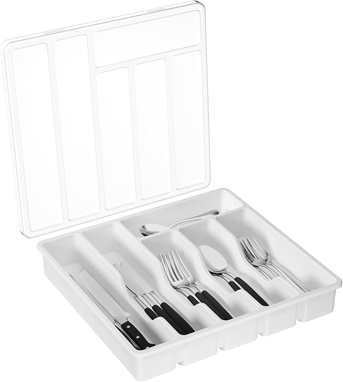 Lifewit Silverware Organizer with Lid, Covered Utensil Tray, 12.6x11.8 | Plastic Cutlery Storage Box for Kitchen Drawer and Countertop, Flatware Case Holder for Spoons Forks Knives, White