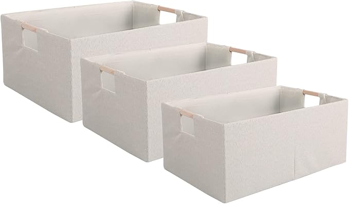 Fabric Storage Bin Box Foldable Cotton Linen Storage Basket with Wooden Handles Rectangular Cube Decorative Home Laundry Organizer Clothes Blanket Container – Beige, Medium | Medium Rectangular Cube Decorative Home Laundry Organizer Clothes Blanket Con...
