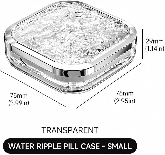 Mini Pill Box for Women, Transparent Water Ripple Design, BPA-Free Travel-Sized ABS Pill Organizer with Silicone Seal, Compact & Portable Medicine Case for Purse, Backpack & Travel