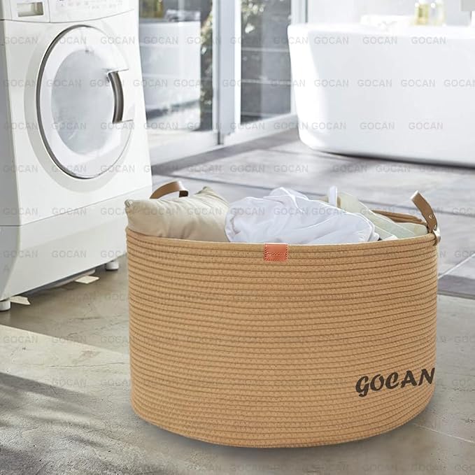 Cotton Rope Woven Laundry Basket 22"X 22"X 14" with handles (Pure Jute)XXXL | Hand-woven, ideal for storing blankets and cushions in the living room, and clothes for household storage.