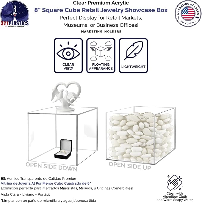 8 Inch Clear Acrylic Display Box Versatile Square No Lid Plexiglass Retail Product Storage Bin or Merchandise Riser with One Open Side No Assembly by Marketing Holders