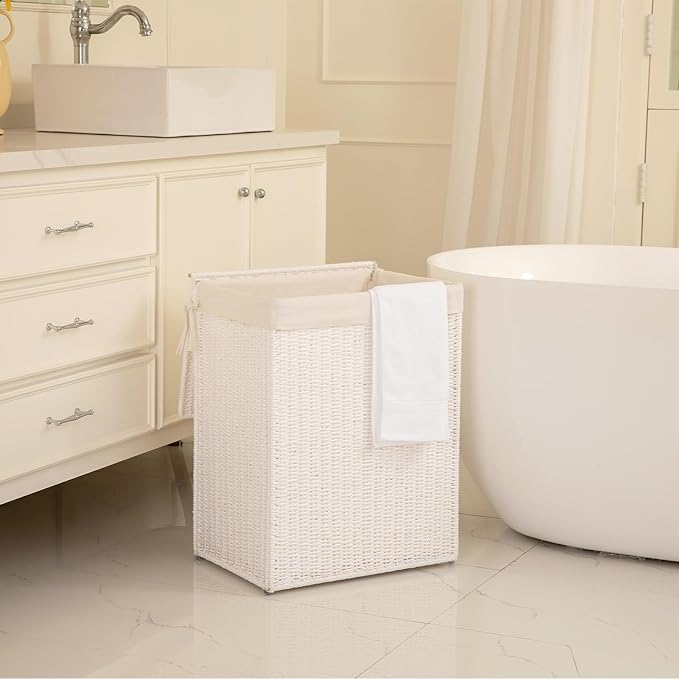 OIAHOMY Laundry Hamper with Lid, 90L(23.8 Gal) Large Wicker Laundry Basket for Bedroom, Handwoven Paper Rope Clothes Hamper with Washable Liner & Metal Frame, Decorative Organizer for Bathroom White