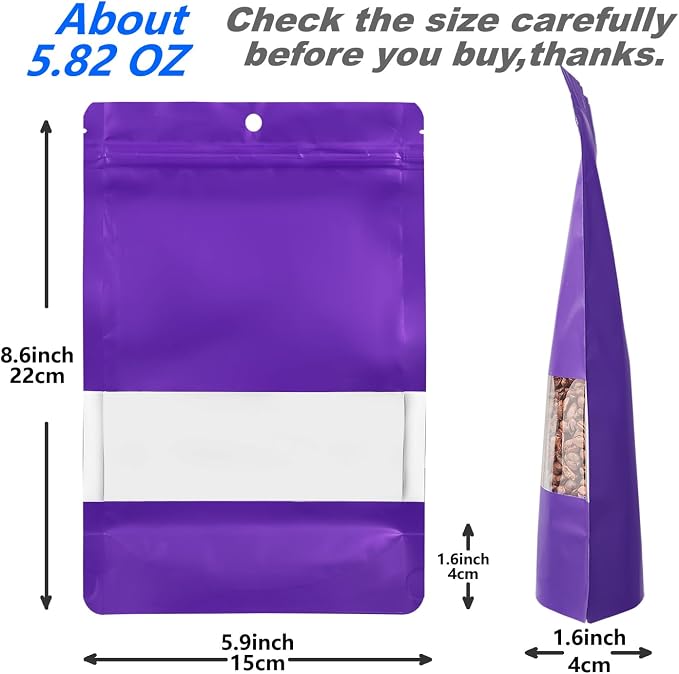 60 Pack Stand up Matte Metallic Storage Bags with Clear Front Window Heat-Sealable Resealable Solid Color Pouches for Food Storage Containers Organizer(Purple,5.9 * 8.6 inch,Pack of 60)
