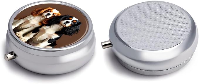 Cute Pet Dog Metal Pill Organizer with Mirror, 3-Compartment Travel Pill Box, 2-Inch Round Pocket Medicine Case with Secure Latch, Portable Vitamin Holder for Women & Men