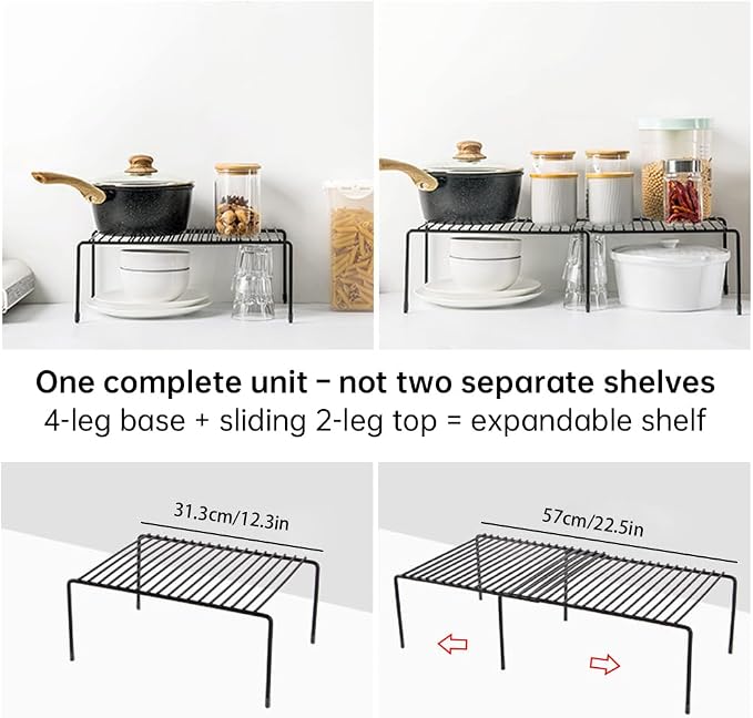 Tomorotec Expandable Cabinet Shelf Organizer, Metal Kitchen Pantry, Black | Extendable from 12.3 to 22.5 in with Heavy Duty Steel Frame and Anti Slip Feet for Bathroom or Closet