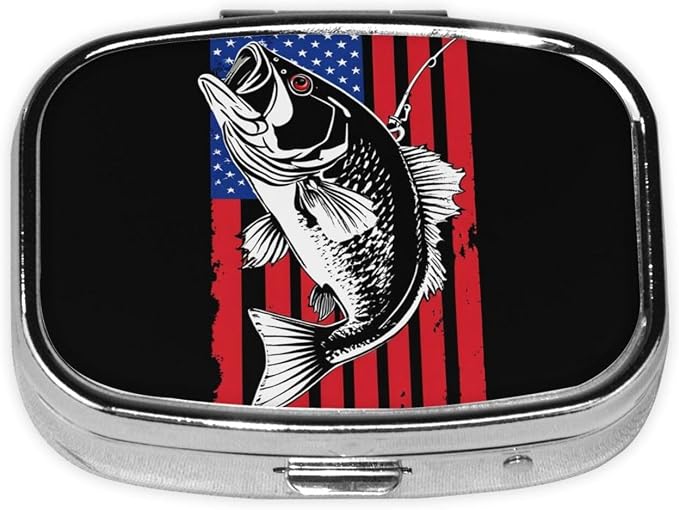 Travel Pill Organizer Portable Pill Case 2 Compartments Vintage Bass Fishing Lure American Flag Small Pill Box Mini Daily Medicine Organizer Box