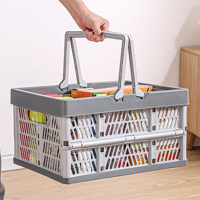 2-Pack Foldable Storage Baskets, 20L Collapsible Crates PP Grey+Pink | Comfortable carry handles, space-saving design, sturdy PP construction for home storage shopping camping and picnics