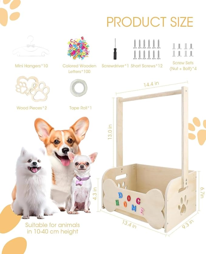 Dog Closet for Small Dogs, Wooden Clothes Rack with 10 Hangers & Toy Bin | Pulchrum personalized DIY name plate, pet apparel organizer for Chihuahua, Yorkie & Pomeranian, pet-parent gift, puppy stand