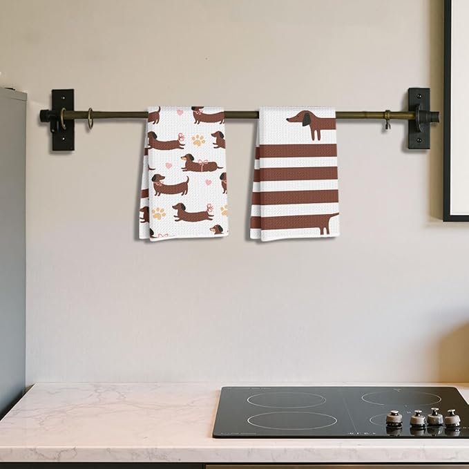 2 Pcs Cute Dachshund Kitchen Towels 24x14 Inch, Dachshund Gifts Reusable Dish Towels for Kitchen Bathroom Decor, Waffle Weave Hand Cloth Tea Towel, Cute Weiner Dog Gifts for Women Mom Friend