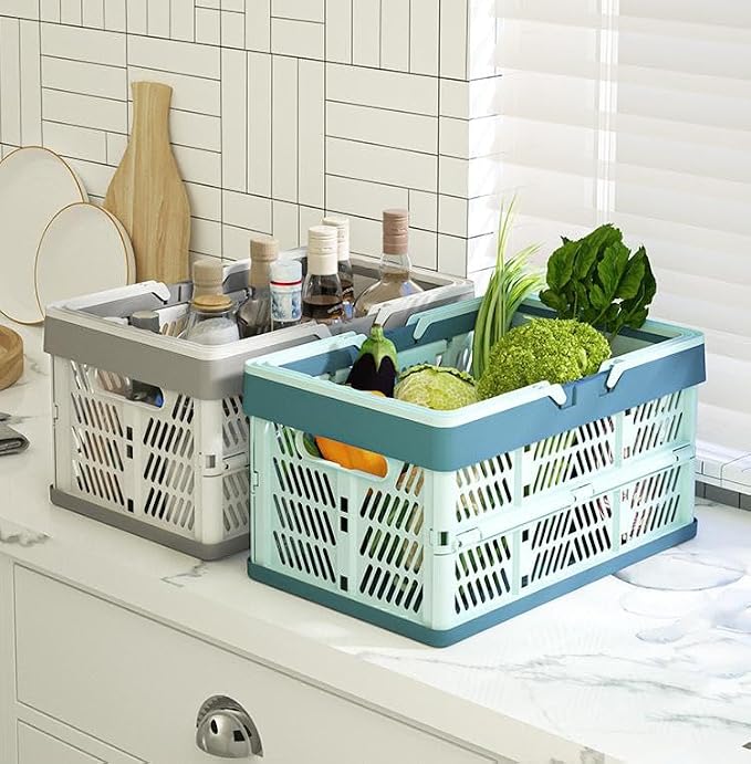 2-Pack Foldable Storage Baskets, 20L Collapsible Crates PP Grey+Blue | Comfortable carry handles, space-saving design, sturdy PP construction for home storage shopping camping and picnics