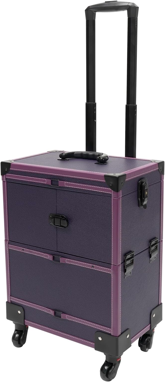 Rolling Makeup Train Case, Aluminum Cosmetic Trolley Organizer with Sliding Drawers, Barber Case with Key Swivel Wheels, Travel Cosmetic Organizer for Hair Stylists,Pet Groomers,Makeup Artists, Purple