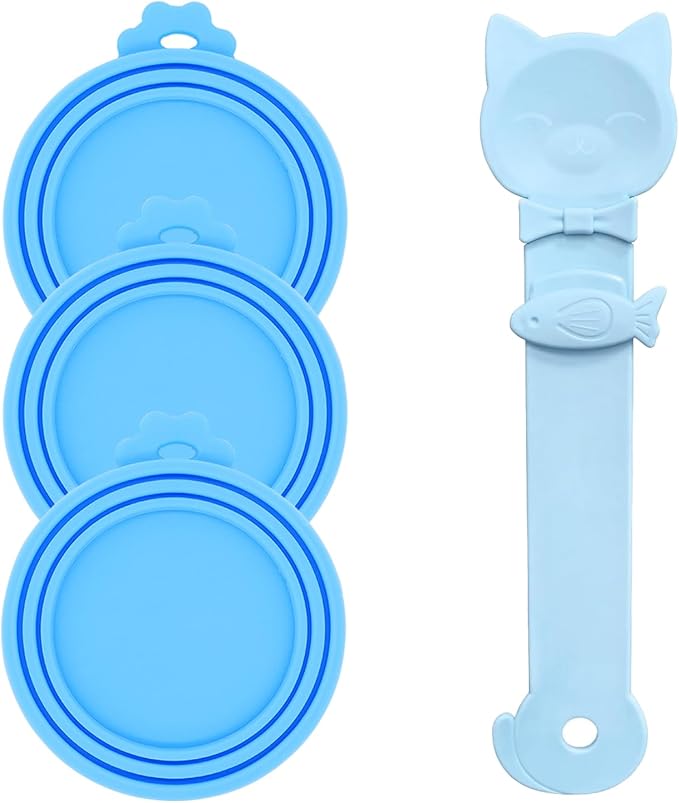 Cat Treat Spoon Squeeze & 3 Pcs Can Lids | Cat Treat Feeder for Liquid Snack | Universal Silicone Pet Can Covers BPA Free | Churu Spoon Dispenser(Blue)