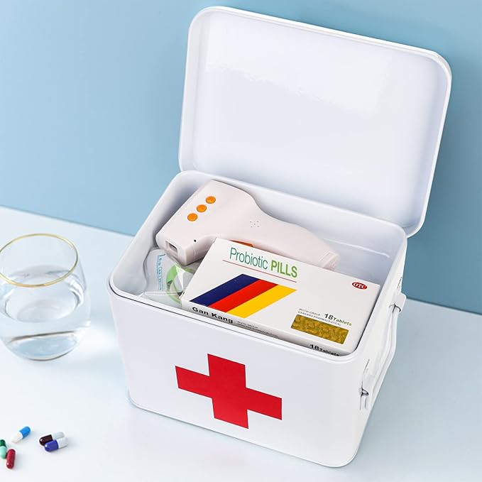 WUWEOT Metal First aid Box, Divided Medicine Tin First Aid Kit, Vintage Antique Empty Boxes with Lid and Removable Tray for Home Family Emergency Tool