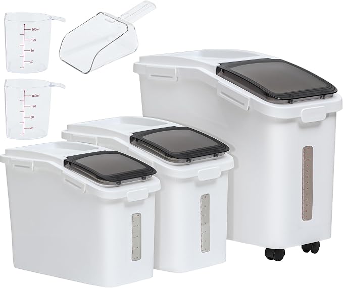 YITAHOME Ingredient Storage Bin, 20.6 Gal(11.4+5.8+3.4 Gal) Commercial Rice Flour Storage Container 500 Cups Storage Bins with Wheels Shelf-storage Bin with Scoop and Lid, Rice Bin for Kitchen, White