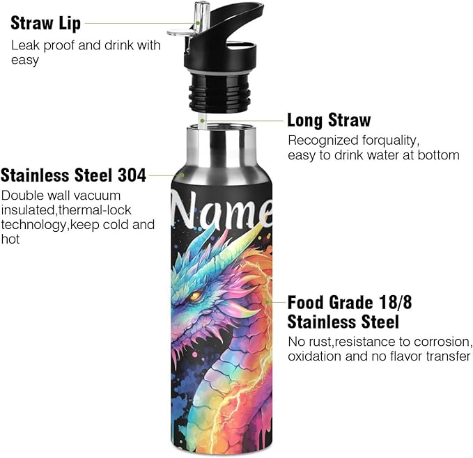 Custom Name Lightning Dragon Rainbow Water Bottle with Straw Lid Kids Insulated Stainless Steel Water Flask Sports, 20 Oz Hot Cold