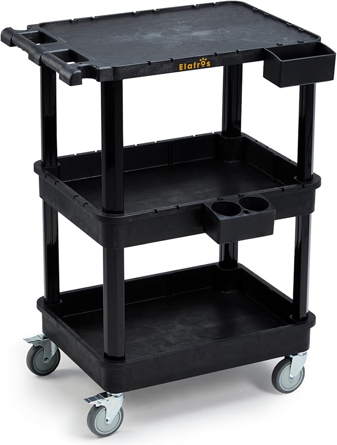 3-Tier Flat Top & Deep Tub Rolling Utility Cart, 27.5 x 18.25 in | 330 lbs Capacity, Heavy Duty Plastic, 4-Inch Wheels, Service Cart, Work Cart, Storage Organizer, Office Workshop Warehouse