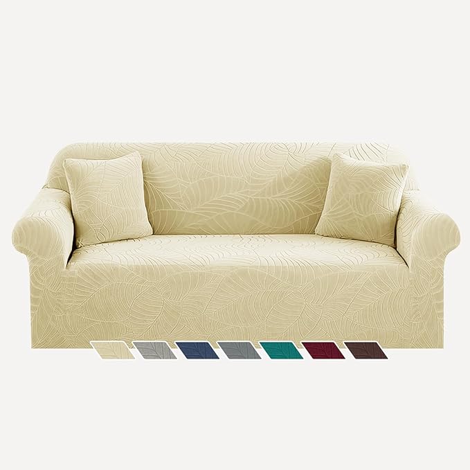 YEMYHOM Couch Cover Latest Jacquard Design High Stretch Sofa Covers for 3 Cushion Couch, Pet Dog Cat Proof Slipcover Non Slip Magic Elastic Furniture Protector (Large, Begonia Leaf Beige)