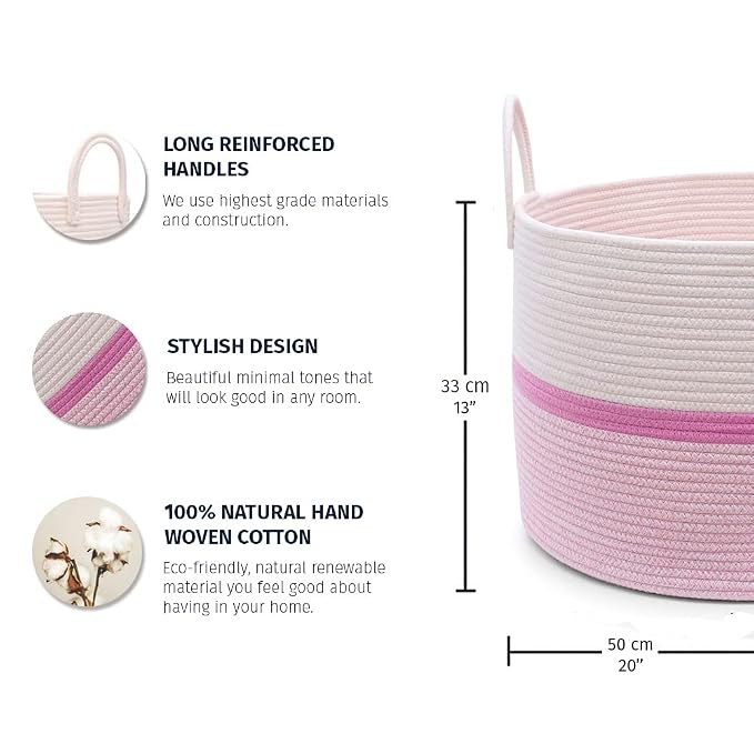 OrganiHaus Round Toy Basket & Blanket Basket, Cotton Rope 20x13" | Striped Pink - Round Cotton Rope Basket, 20x13"