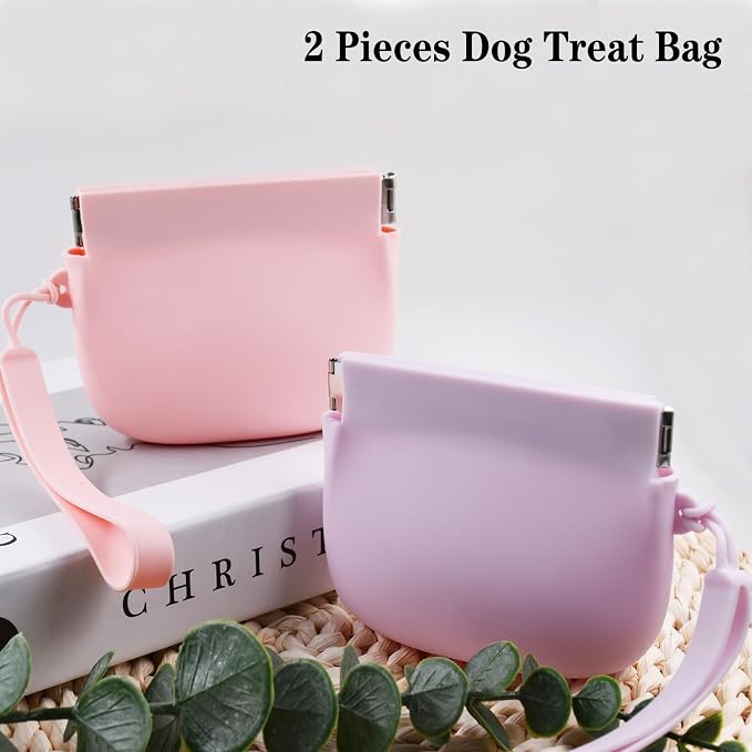 Silicone Dog Treat Pouch Portable Snack Pouch (Pink & Purple) | 2 Pieces Silicone Mini Portable Pet Snack Pouch with Auto Close Feature Feed Dog Treat Pouch for Pet Travel or Outdoor Use