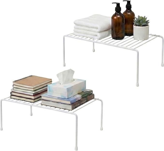 Evelots 2-Pack Wire Shelves, Cabinet Shelf Risers & Freezer Organizers | Rustproof dish risers for cabinets double storage space; use as small wire freezer shelves, pantry racks or shelf extenders.