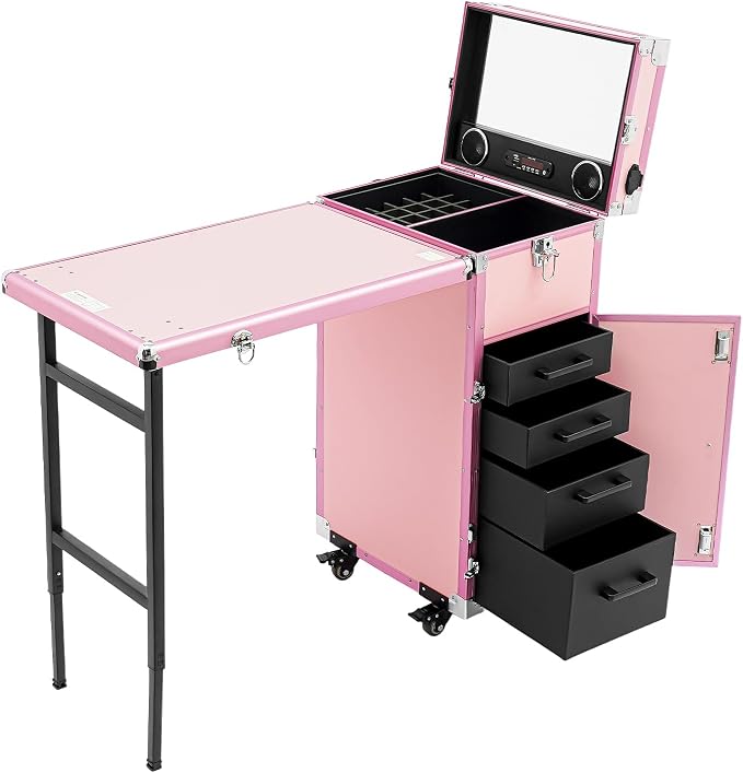 Cosmetic Trolley Storage Organizer, Foldable Nail Tables with 4 Drawers Mirror&Speaker for Hair Stylists Pet Groomers Makeup Artists Technician Workstation Salon (Pink)