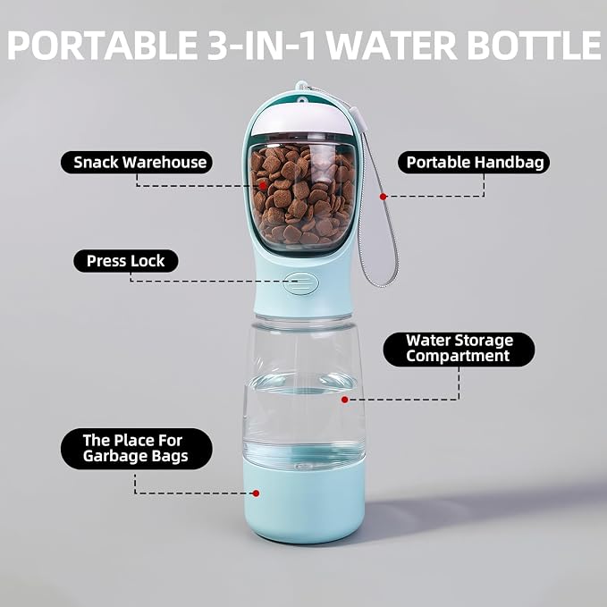 Portable Dog Water Bottle with Bowl, Food Container & Poop Bag Holder, 13.5 oz, Leak Proof Travel Pet Water Bottle for Dogs & Cats, Food Grade Plastic Dispenser for Walking, Hiking & Camping (Green)