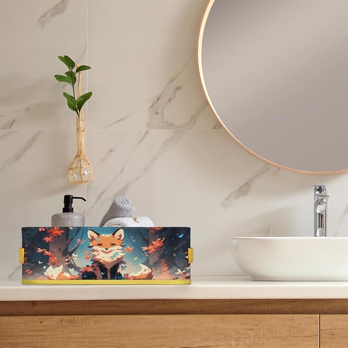 Colorful Fox Flower Tree Bathroom Storage Basket, Foldable with Handle Open Countertop Paper Towel Decorative Box, Toilet Tank Top Shelf Baskets for Home Closet Bedroom Living Room Office
