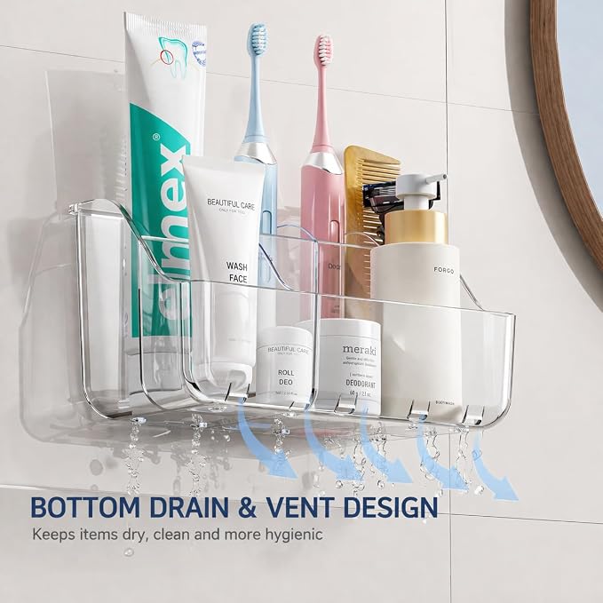Sotfamily Clear Kids Toothbrush Holders for Bathrooms, 1 Pack(No-Drill) | Space-Saving Wall-Mounted Tooth Brush & Toothpaste Holder for Bathroom Countertop or Wall, Bathroom Organizers and Storage