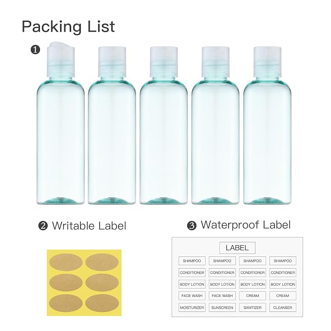 Travel Bottles for Toiletries, 3.4 oz Travel Size Containers, 5pcs, Bgreen | Squeezable empty plastic bottles, TSA approved, leak proof, with labels, for liquids & shampoo lotion, gym essentials